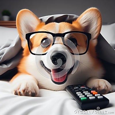 Funny corgi dog in glasses laying in bed, yawning, smiling, watching tv, feeling bored and relaxed in a day off Stock Photo