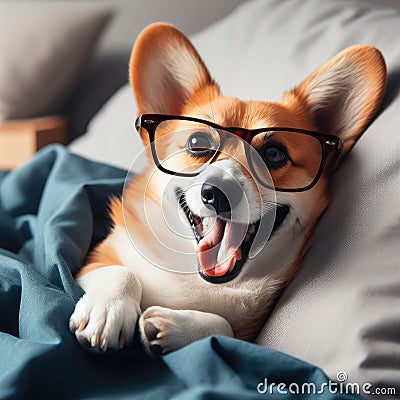 Funny corgi dog in glasses laying in bed, yawning, smiling, watching tv, feeling bored and relaxed in a day off Stock Photo