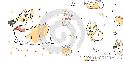 Funny Corgi Dog seamless pattern on a white. Cartoon hand drawn vector illustration. Can be used for t-shirt print, kids Vector Illustration