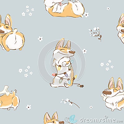 Funny Corgi Welsh Dog and Flowers seamless pattern on a blue. Cartoon hand drawn vector illustration. Can be used for t Vector Illustration