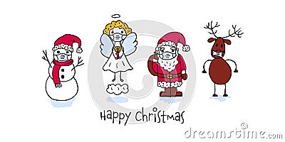 Funny Corona Christmas Card with hand-drawn reindeer rudolph, santa claus, angel Vector Illustration