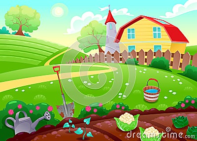 Funny countryside scenery with vegetable garden Vector Illustration