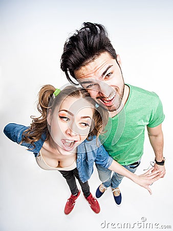 Funny couple arguing - view from above wide angle shot Stock Photo