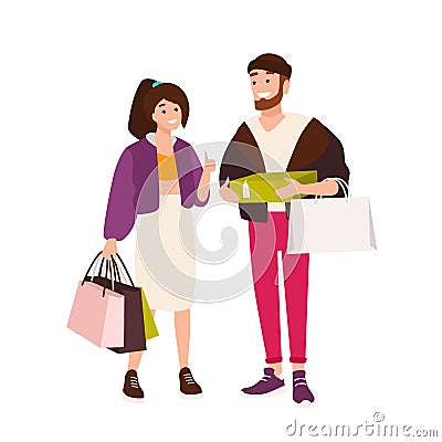 Funny couple carrying shopping bags and boxes. cute boyfriend and girlfriend holding their purchases. Pair of Vector Illustration