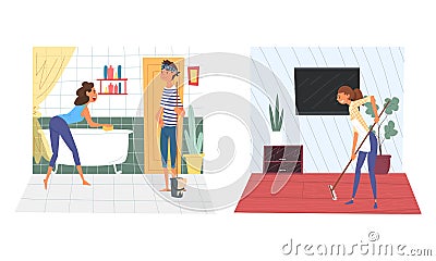 Funny Couple Cleaning House Together Rubbing Bathtub and Sweeping the Floor Vector Set Vector Illustration