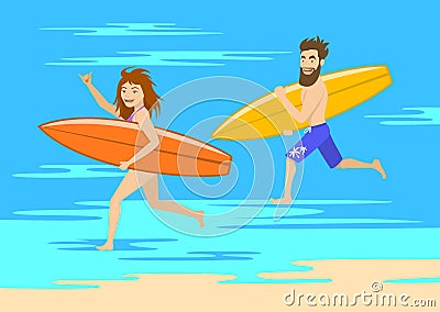 Funny couple surfers, man and woman running on the beach Vector Illustration