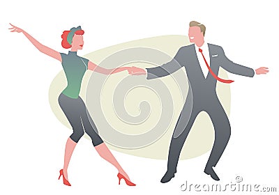 Funny couple wearing retro clothes dancing jazz, swing or rock and roll Vector Illustration