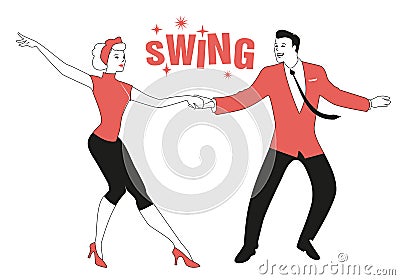 Funny couple wearing retro clothes dancing jazz, swing or rock and roll Vector Illustration