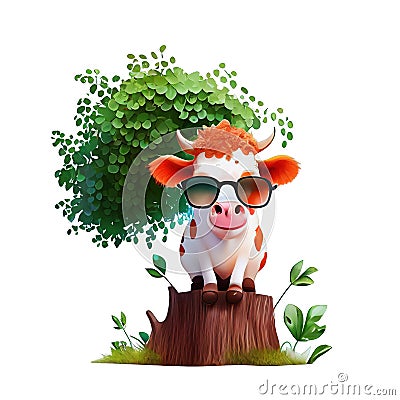 Funny Cow afro hair standing on a tree with glasses Stock Photo