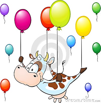 funny cow flying with colorful balloon isolated Vector Illustration