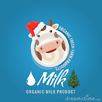 Funny cow head in a circle shape with merry christmas or new year concept for your logo design. Cartoon style vector Vector Illustration