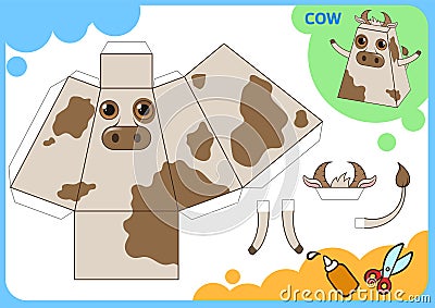 Funny Cow Paper Model. Small home craft project, paper game. Cut out, fold and glue. Cutouts for children. Vector Vector Illustration