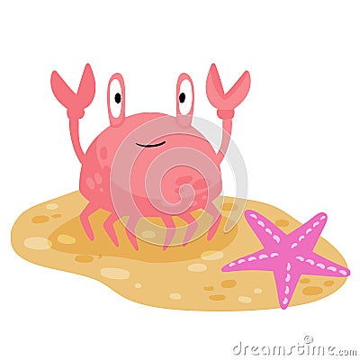 Funny crab on beach. Pink seashell with claws walks along coast. Cute children drawing. Sand with starfish Vector Illustration