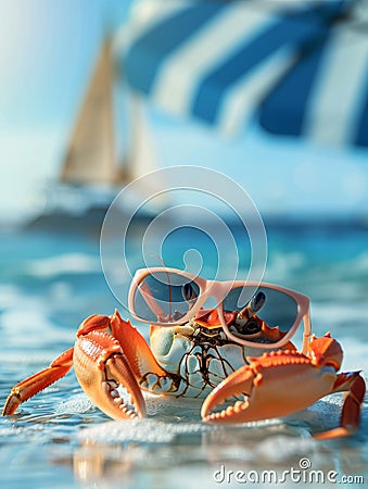 Funny crab with sunglasses on the sandy beach. Summer vacation concept Cartoon Illustration