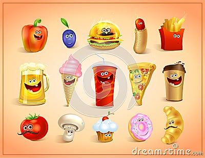 Funny crazy cartoon food icons set - sweets, drinks and fast food characters Vector Illustration