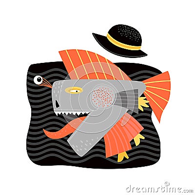 Funny crazy fish in a hat and boots. Cartoon character Vector Illustration