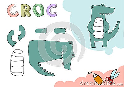 Funny Croc Paper Model. Small home craft project, DIY paper game. Cut out and glue. Cutouts for children. Vector Vector Illustration