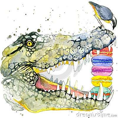 Funny crocodile and bird watercolor. fashion print Stock Photo