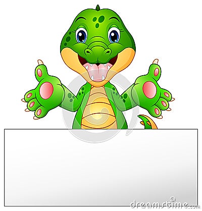 Funny crocodile cartoon with blank sign Vector Illustration