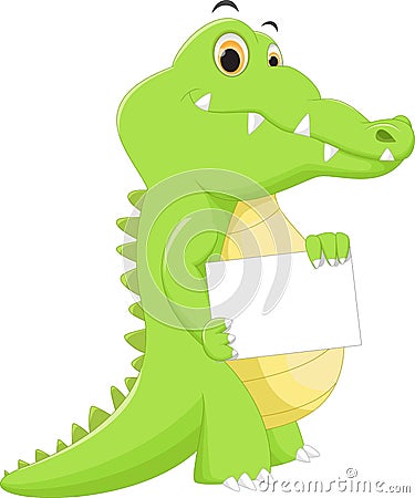 Funny crocodile cartoon posing with blank sign Vector Illustration