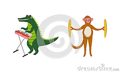 Funny Crocodile and Monkey Character Playing Cymbal and Keyboard Performing Concert Vector Set Vector Illustration