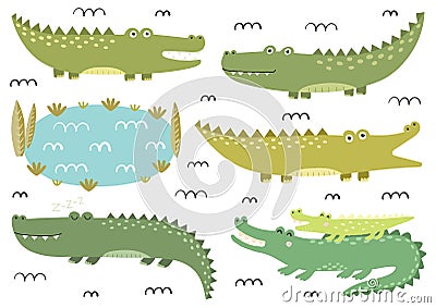 Funny crocodiles collection. Cute alligators in childish style. Safari characters Vector Illustration