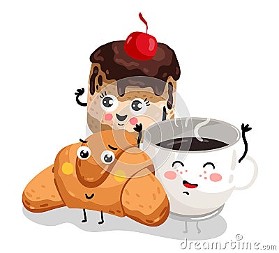 Funny croissant, cake and coffee cup character Cartoon Illustration