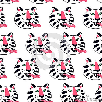 Funny cruel white tiger muzzle with tongue childish seamless pattern vector flat illustration Vector Illustration