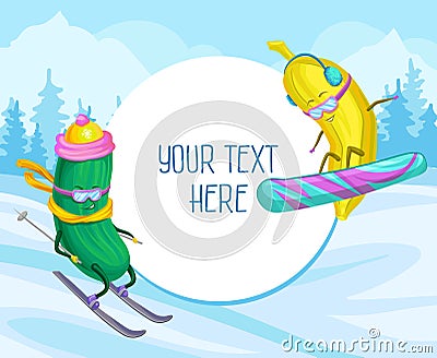 Funny cucumber and banana characters skiing and snowboarding vector illustration, design element for poster or banner Vector Illustration