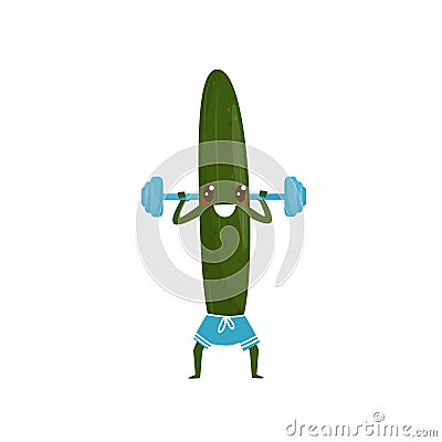 Funny cucumber exercising with barbell, sportive vegetable cartoon character doing fitness exercise vector Illustration Vector Illustration