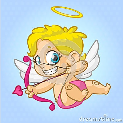 Funny cupid with bow and arrow aiming at someone. Illustration of a Valentine's Day. Vector Vector Illustration