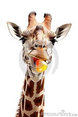 Funny curious giraffe eats lollipop on white background. Generative AI Cartoon Illustration