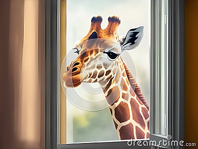 A funny curious giraffe looks through the window of a house, the concept of curiosity and interest, the AI generation Stock Photo