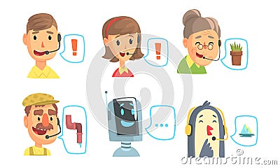 Funny Customers Support Phone Operators Set, Call Center Cartoon Characters with Headset Vector Illustration Vector Illustration