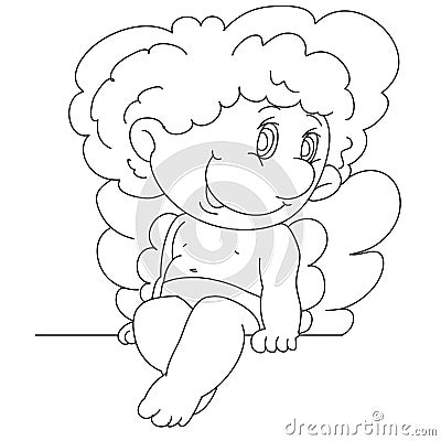 Funny cute angel sitting spreading its wings and chatting with small legs, outline drawing, isolated object on a white Vector Illustration