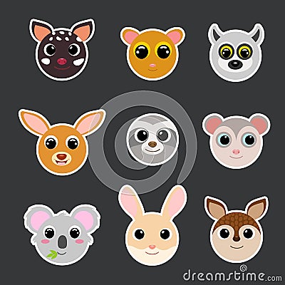Funny cute animals head stickers. Cartoon characters. Flat vector stock illustration Vector Illustration