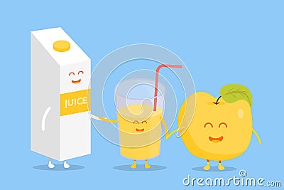 Funny cute apple juice packaging and glass drawn with a smile, eyes and hands. Stock Photo