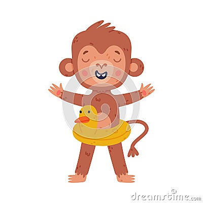 Funny cute baby monkey with inflatable duck. African tropical animal cartoon character vector illustration Vector Illustration