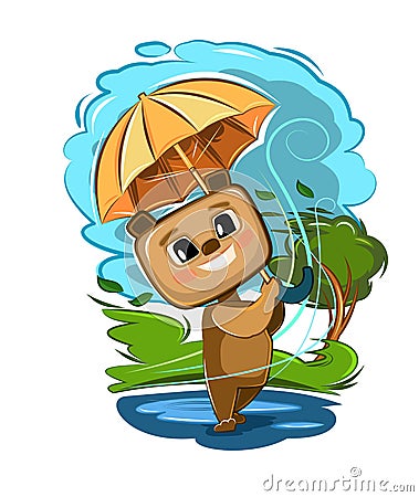 A funny cute Bear with an umbrella walks through the puddles. Wind clouds bad weather. But good mood. Kid is an animal Vector Illustration