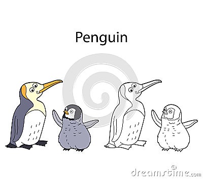 Funny cute bird penguin isolated on white background. Linear, contour, black and white and colored version. Illustration can be Vector Illustration