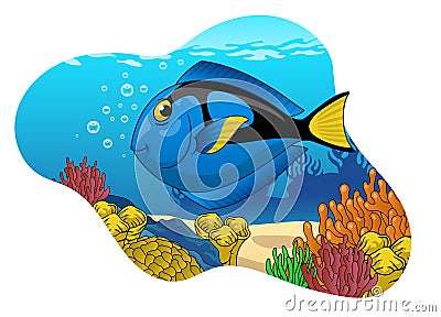 Funny Cute Blue Tang Fish Swiming in the Coral Reef Vector Illustration