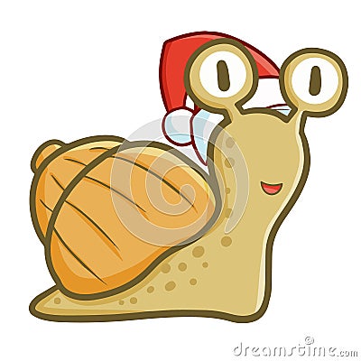 Funny and cute brown snail wearing Santa`s hat for Christmas Vector Illustration