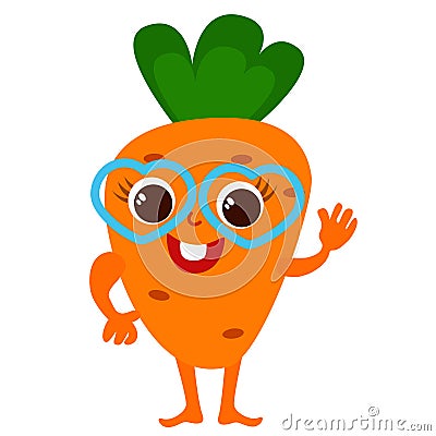 Funny cute carrot with heart shaped glasses and face and arms and legs. Character design in cartoon childish style for stickers. Vector Illustration