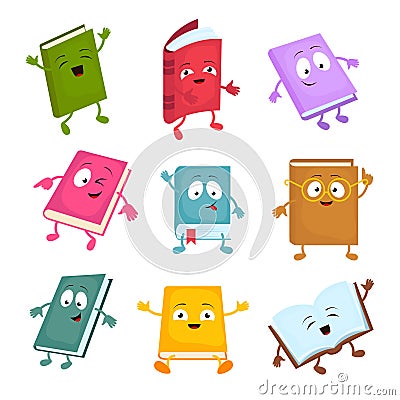 Funny and cute cartoon book vector characters. Happy library books mascots set Vector Illustration