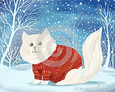 Funny cute cartoon hand-drawn white cat in a warm sweater under a snowfall, standing outside. Cartoon winter cheerful cat. Stock Photo