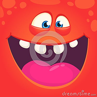 Funny cute cartoon monster face. Vector Halloween red monster with wide mouth laughing. Vector Illustration