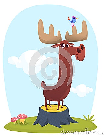 Funny cute cartoon moose character standing on the meadow background with a gras mushroom and flowers. Vector moose illustration Vector Illustration