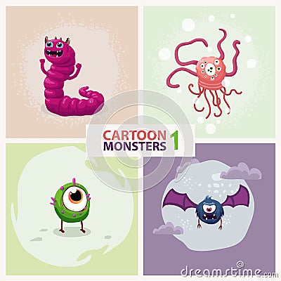 Funny cute cartoon vector monster characters set Vector Illustration