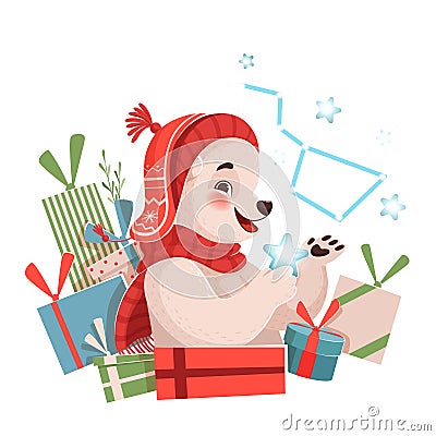 Funny cute Christmas bear holding a star next to gifts. Christmas illustration on a white background Vector Illustration