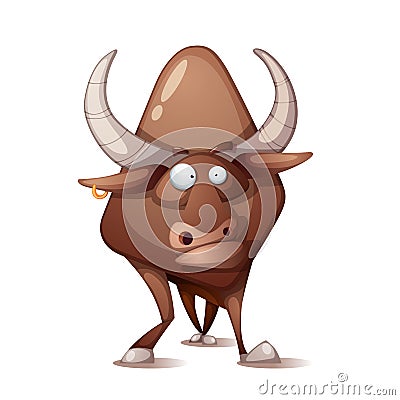 Funny, cute, crazy cartoon bull. Vector Illustration